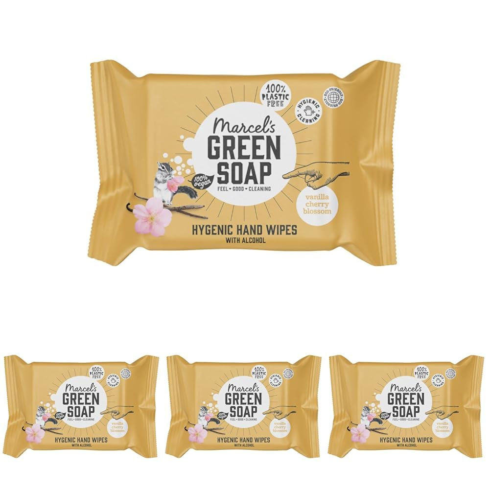 Toallitas húmedas para manos Marcel's Green Soap, paquete de 60, vainilla y flor de cerezo, a base de plantas, orgánicas