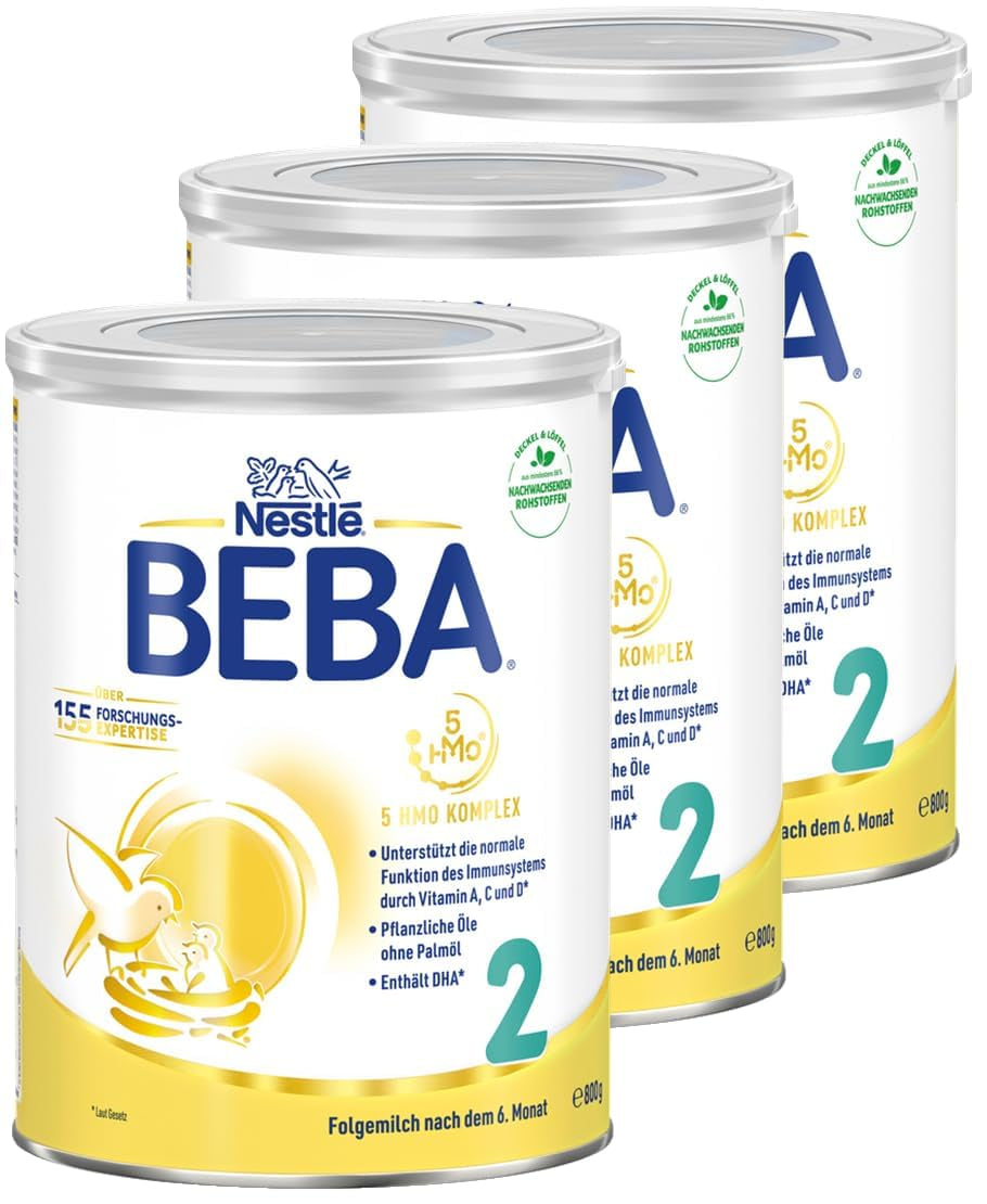 BEBA 2 - Leche de continuación a partir de los 6 meses, con complejo 5 HMO, contenido proteico adecuado a la edad, sin lactosa, sin aceite de palma, sin aceite de pescado, papilla, leche en polvo para bebés, paquete de 3 (3 x 800 g)