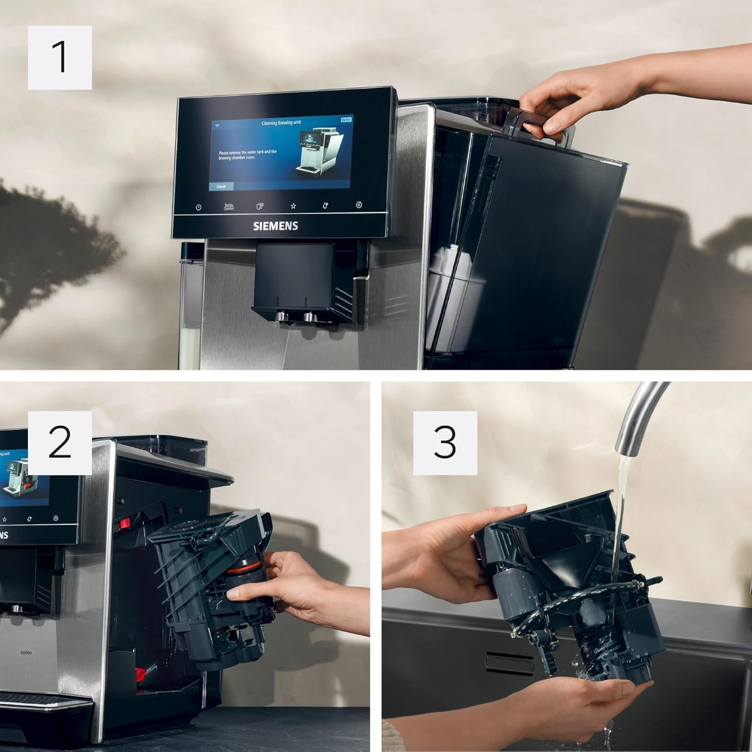 Espressor automat Siemens EQ900, ecran TFT color mare, 2 recipiente pentru boabe, 36 de băuturi calde și reci, cafea rece, super silențios, funcție pentru două cești, control prin aplicație, oțel inoxidabil, TQ907D03