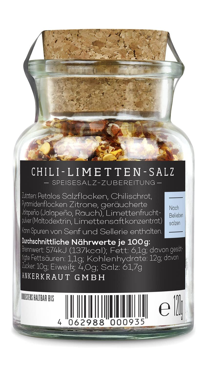 Ankerkraut Chili-Lime-Salz, 70 g en vaso de corcho, Speise-Salz Mischung für Steak Fisch Salad Asia Gerichte, Allrounder mit Gesmack und Qualität
