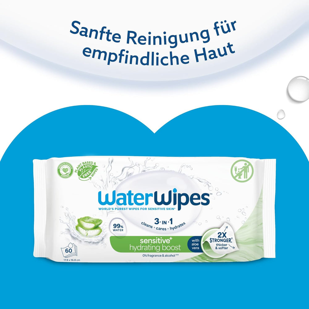 Toallitas húmedas WaterWipes Sensitive+ Hydrating Boost, toallitas hidratantes, 360 piezas (paquete de 6), 3 en 1 limpieza, cuidado, hidratación, 99% agua de aloe vera, toallitas para bebés sin perfume