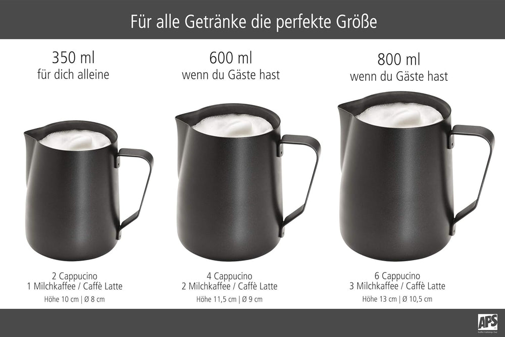 APS Milk Pitcher – Carafă de lapte de înaltă calitate, cu strat antiaderent, fabricată din oțel inoxidabil – Perfectă pentru prepararea spumei de lapte – Carafă universală, neagră, 600 ml