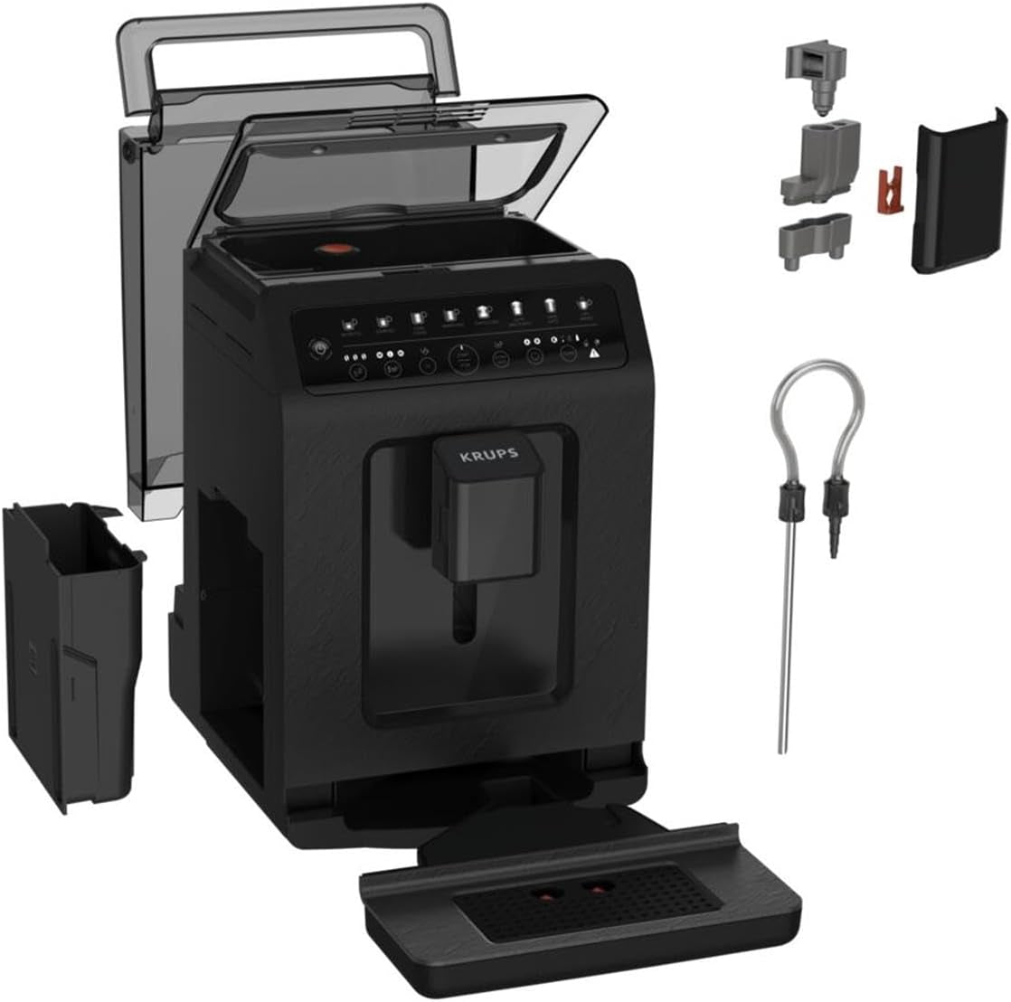 Espressor automat Krups EA897B Evidence ECOdesign, funcție automată espresso și cappuccino, tehnologie Quattro Force, cești cu lapte cu o singură atingere, 8 presetări, sistem lapte, 1450W