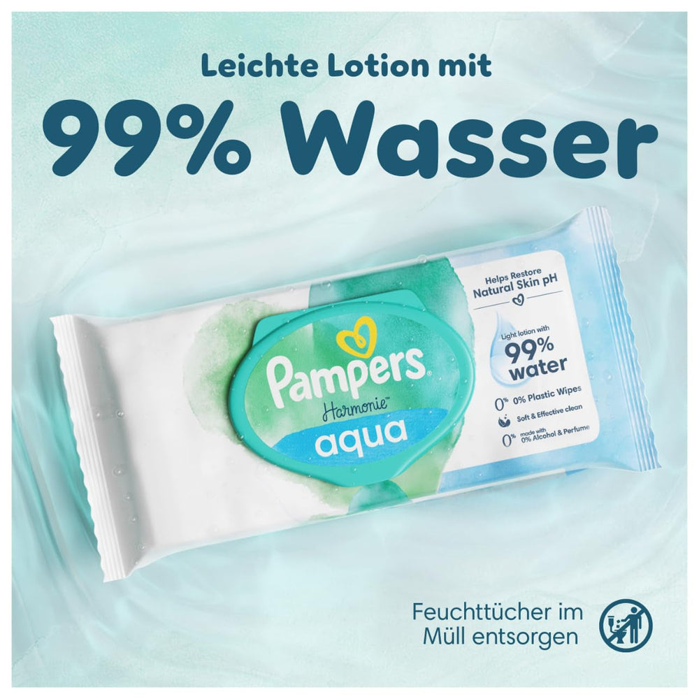Șervețele umede Pampers Harmony Aqua, 6 pachete a câte 48 de șervețele fiecare, 288 de șervețele în total, ajutând la restabilirea echilibrului natural al pH-ului pielii, loțiune ușoară cu 99% apă