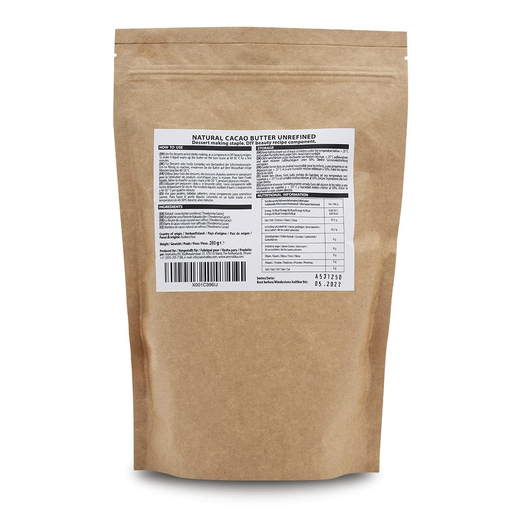 Kakaobutter - 250g - Theobroma Cacao - Roh Cacaobutter - Kakao Butter in Stücken - Kaltgepresst - Unraffiniert - Rein und Natürlich - für Speisen und Hautpflege - Cacao Butter