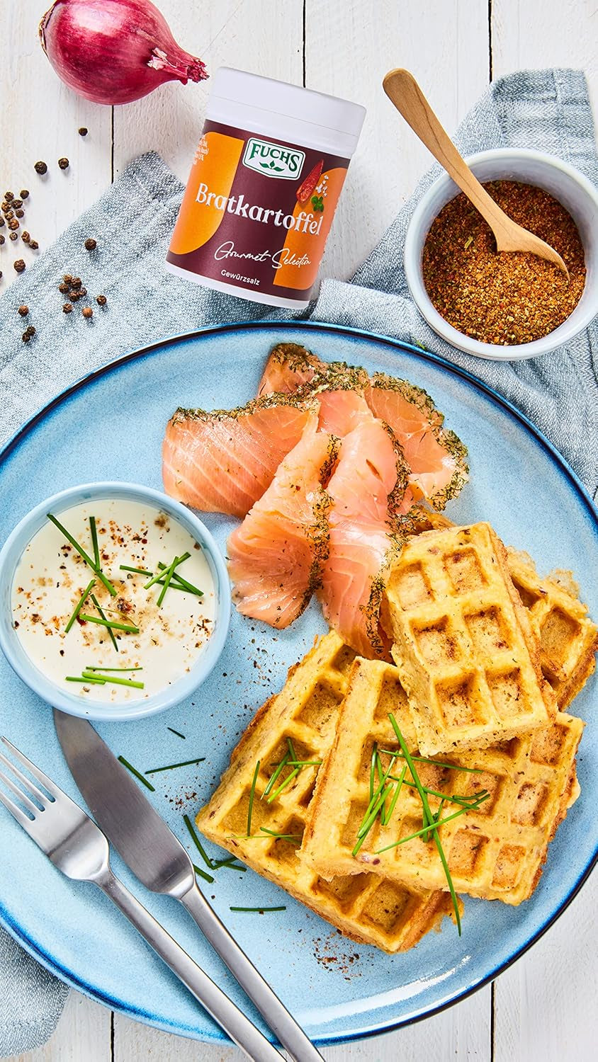 Fuchs Gourmet Selection Klassisch/Heimisch – Bratkartoffel Gewürzsalz, nachfüllbares Kartoffel Gewürz, Salz zum Würzen von Brat- & Ofenkartoffeln, Pommes Frites & Co, vegano, 70 g