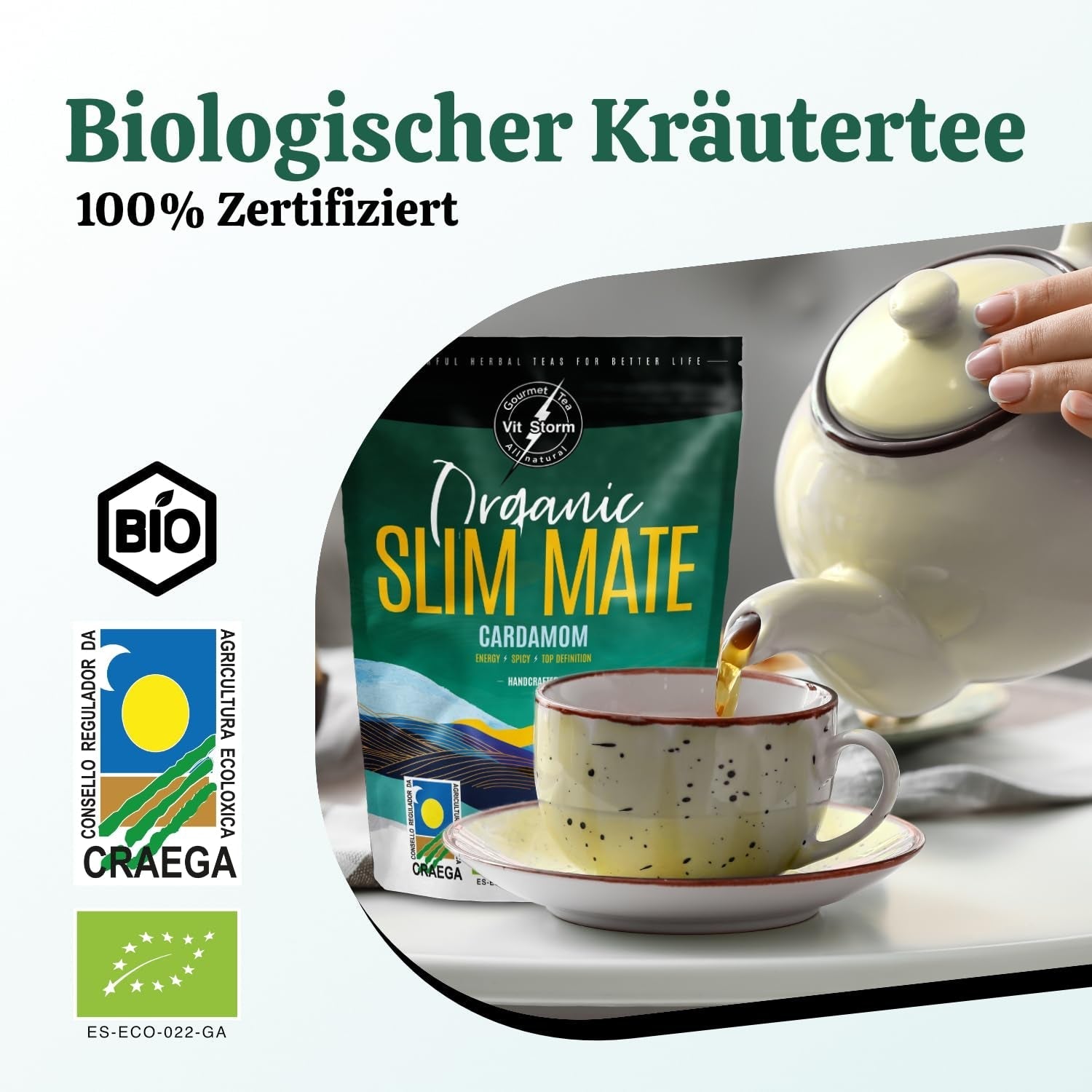 VITSTORM® Slim Tea Cardamom – Ceai Yerba Mate BIO – Cură de detoxifiere și ceai diuretic – 100G