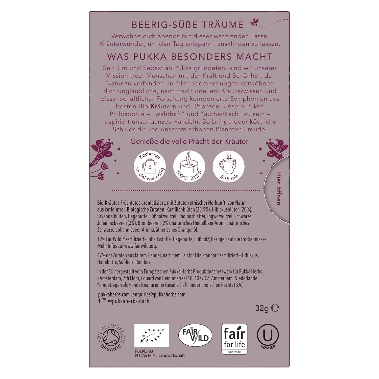 Pukka | Ceai de fructe bio „Night Time Berry” | Mușețel, coacăze negre și mure | Ceai pentru o seară relaxantă | Fără cofeină | Pachet de 1 | 20 pliculețe de ceai