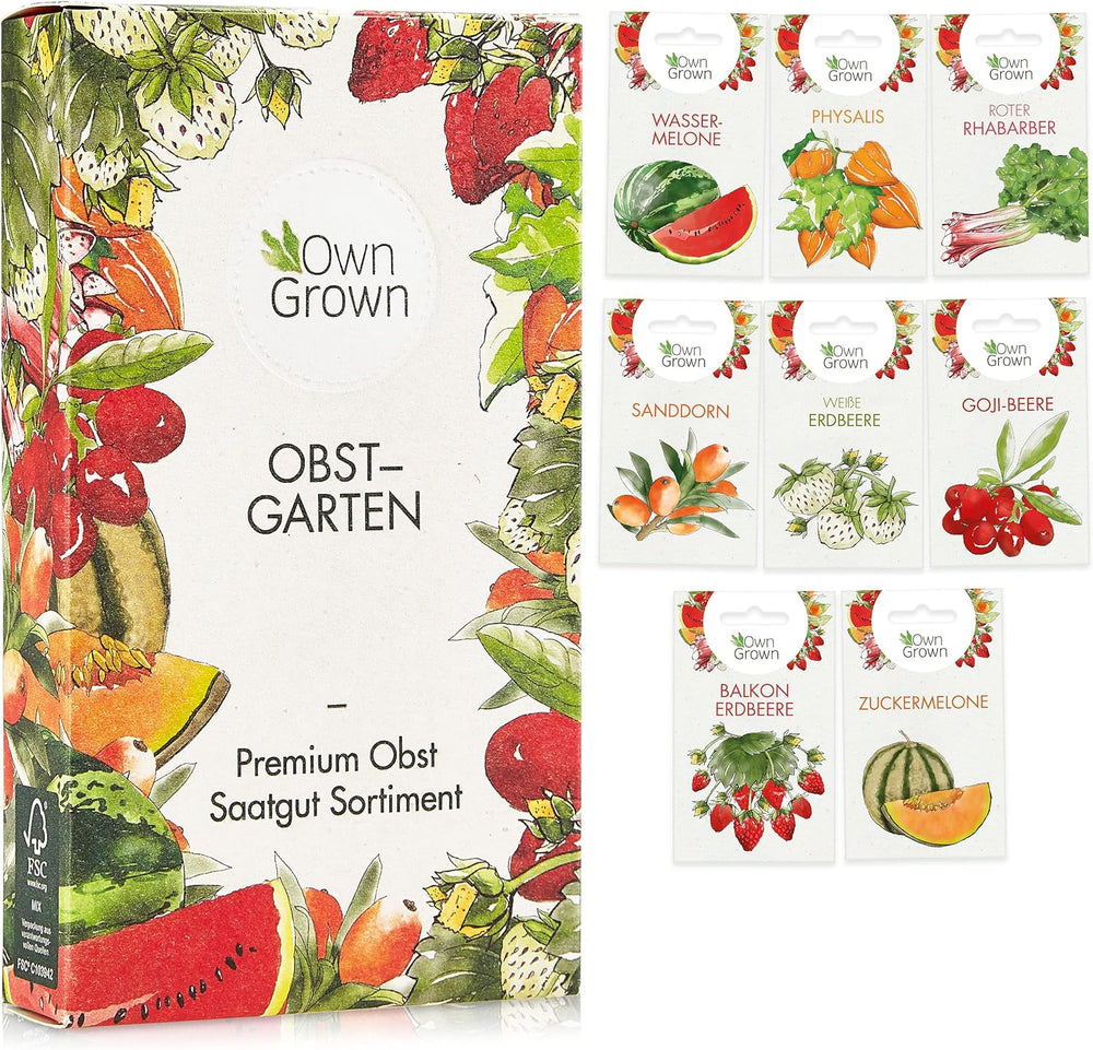 Set de semillas de frutas: Semillas de jardín premium con 8 variedades de plantas frutales para jardín y balcón - Semillas de sandía, semillas de fresa, grosellas, ruibarbo y más - Set de regalo de semillas de frutas de OwnGrown