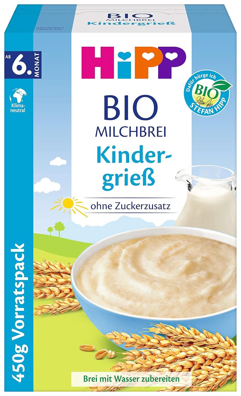 Papilla de leche ecológica Hipp sin azúcares añadidos, sémola y plátano, paquete de conservación (4X450 gramos) Madre e Hijo Naty Shop 4 x 450 gramos Gris para niños