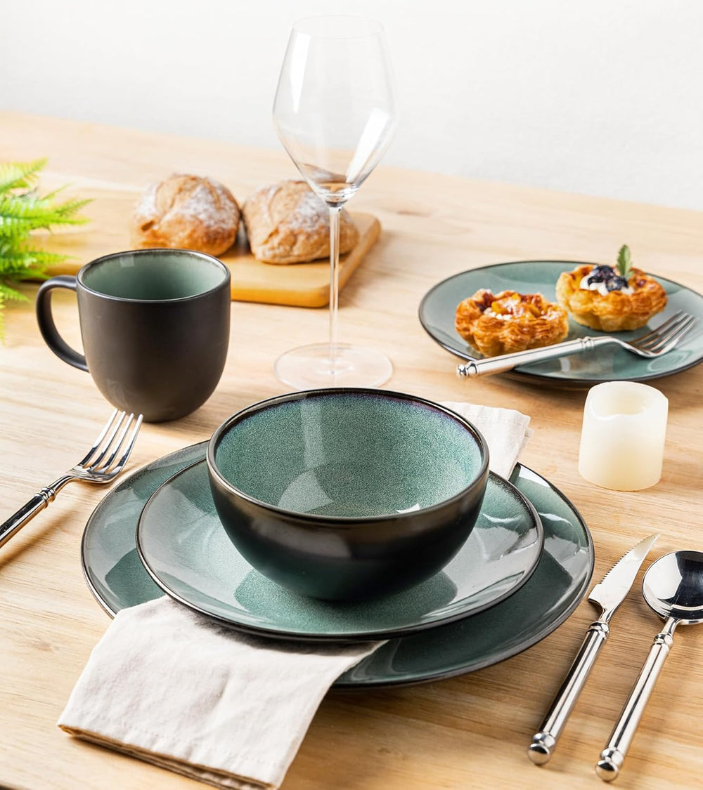 Set de veselă GBhome din gresie pentru 4 persoane, 12 piese, glazură reactivă, lucrat manual, potrivit pentru cuptorul cu microunde și mașina de spălat vase, set de bol și farfurie, culoare petrol, GDW025WB-EU