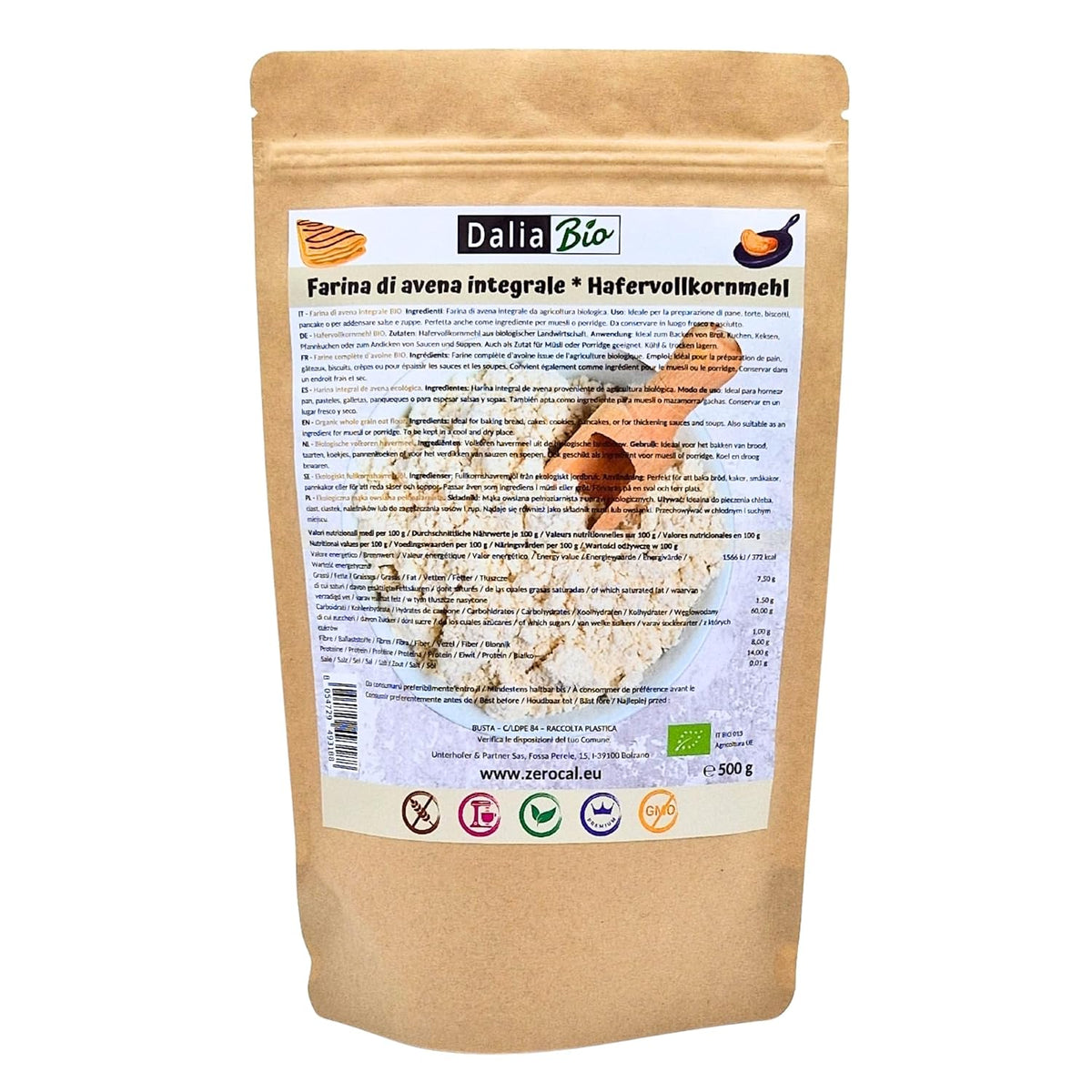 Dalia - Harina de avena integral ecológica 500g | Sin gluten | Rica en fibra y proteínas Origen: Italia | Para pan, pasteles, gachas y recetas fitness | Calidad superior