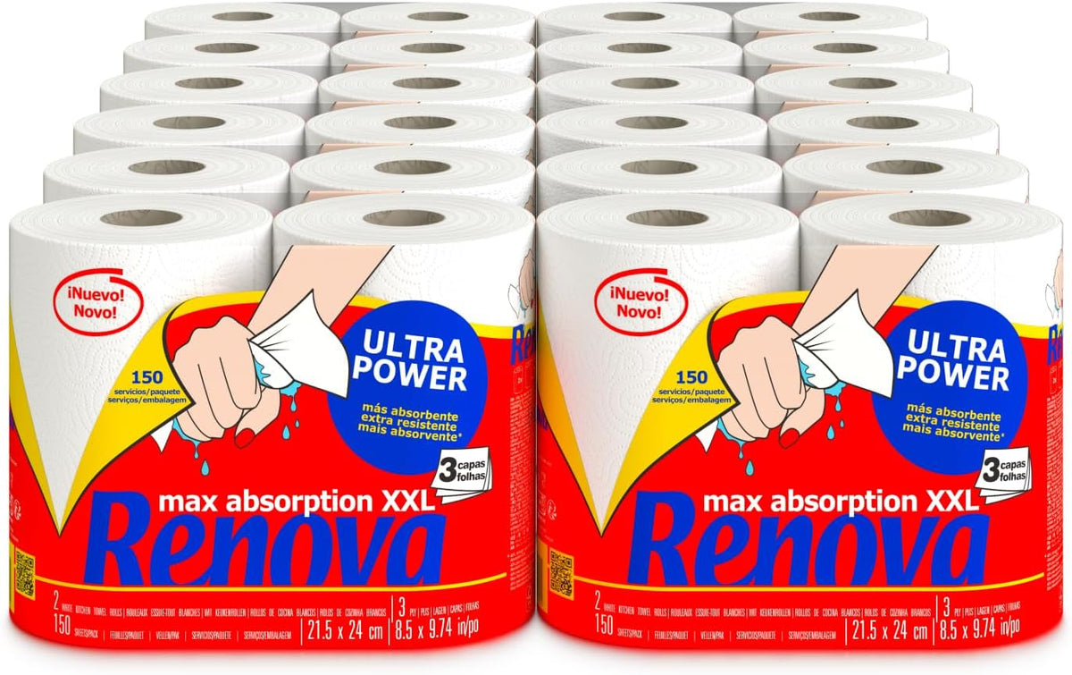 Rulouri de bucătărie Renova Renova Ultrapower | 24 rulouri XXL = 60 rulouri standard | 3 straturi ultra-absorbante și cu rezistență maximă | Hârtie certificată Fsc