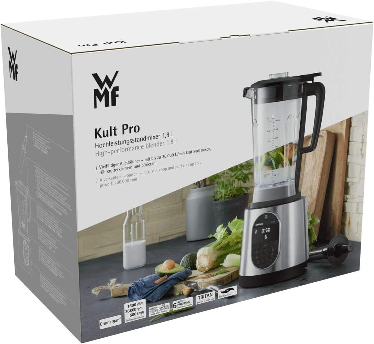WMF Kult Pro Hochleistungs-batidora de pie 1.600 Watt, 36.000 U/Min, mezclador 1,8L, 6 programas automáticos, función para batidos, trituración de hielo y intervalos Madre e hijo Naty Shop