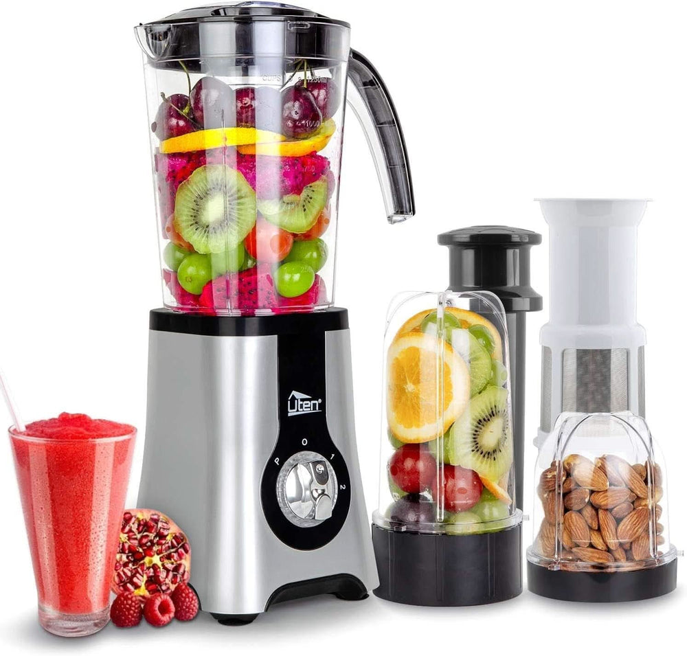 Uten Batidora con base 2L, 1800 W Batidora Hochleistungsmixer, Pulse Und 5 Geschwindigkeiten, Edelstahlgehäuse, 6 Klingen, Macht Milchshake-Smoothies, Mahlbare Kaffeebohnen Mother and Child Naty Shop 1,25L (5 en 1)+380W+ 3 Gang