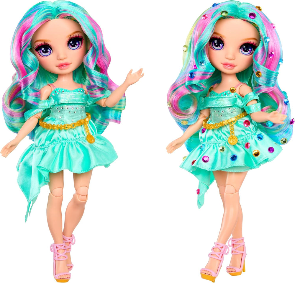 Păpușă de modă Rainbow High Be Dazzling – Celine Turquoise – Albastru-Verde, 28 cm, cu unealtă de decorat, pietre prețioase strălucitoare și accesorii de styling