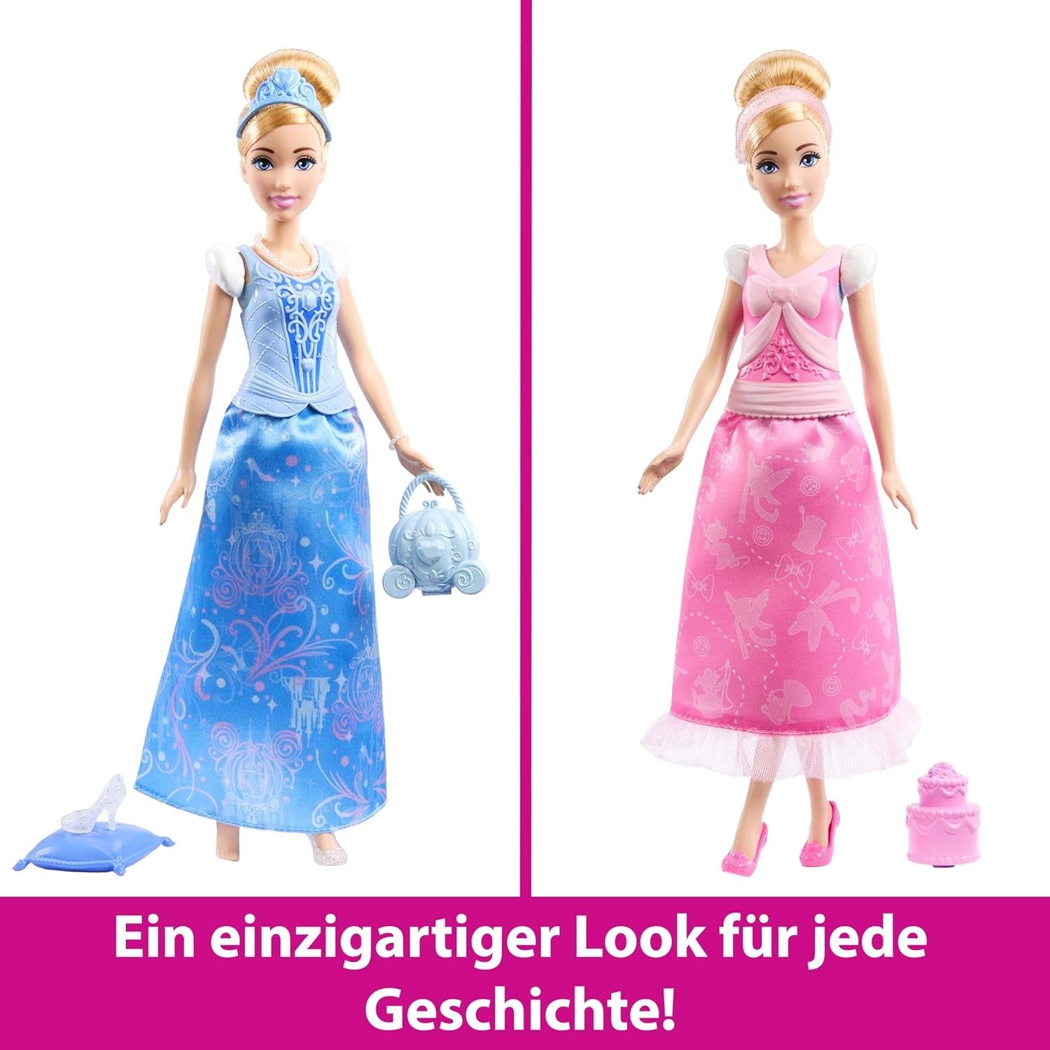 Mattel Disney-Princess-Spielzeuge, Cinderella-Modepuppe con 2 looks, 9 accesorios, 2 Oberteile zum Anklipsen y 2 Röcke. Película 2 en 1 inspirada en Disney Film, JCR95
