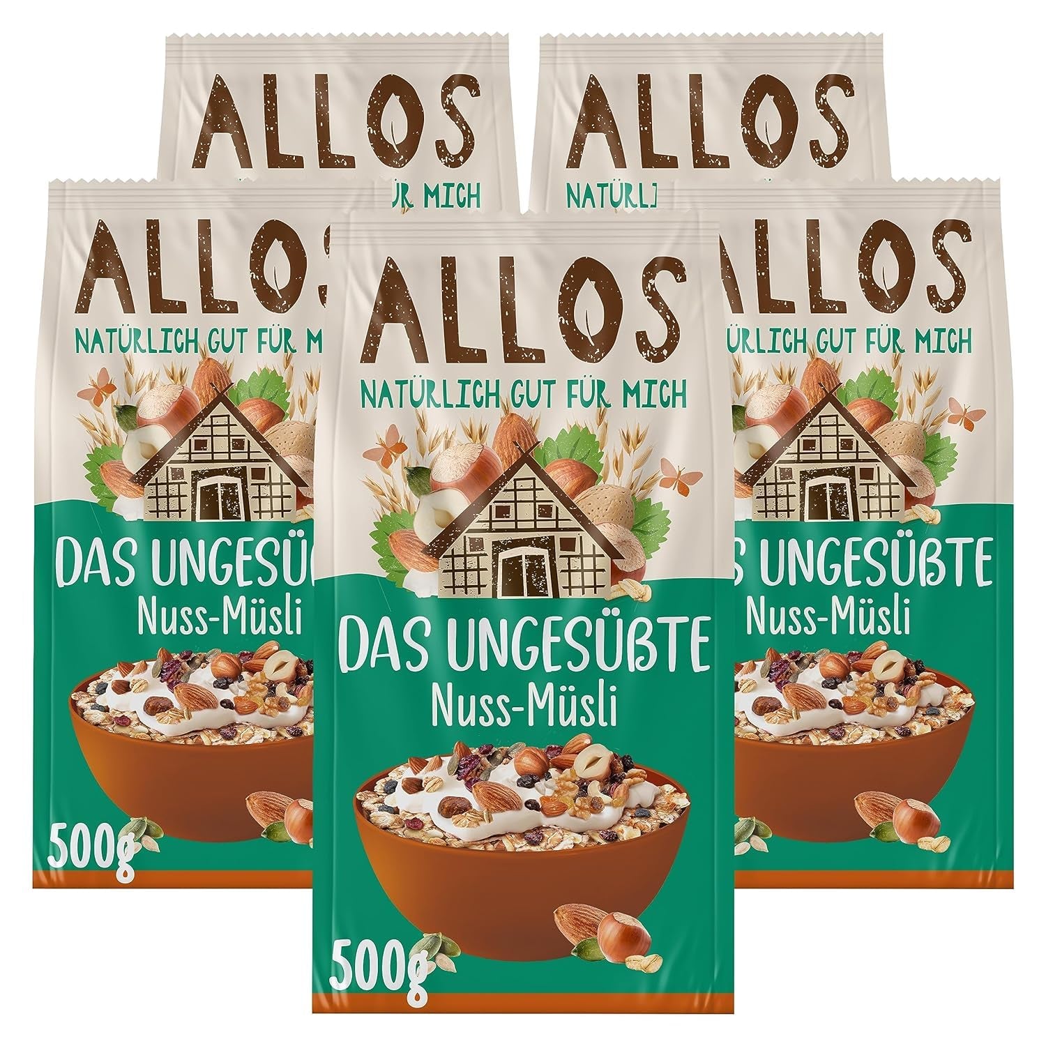 Allos muesli proteico sin azúcar | Muesli orgánico | Avena | Cereales para el desayuno | Vegano (5 x 450 g), 1 pieza (paquete de 5)