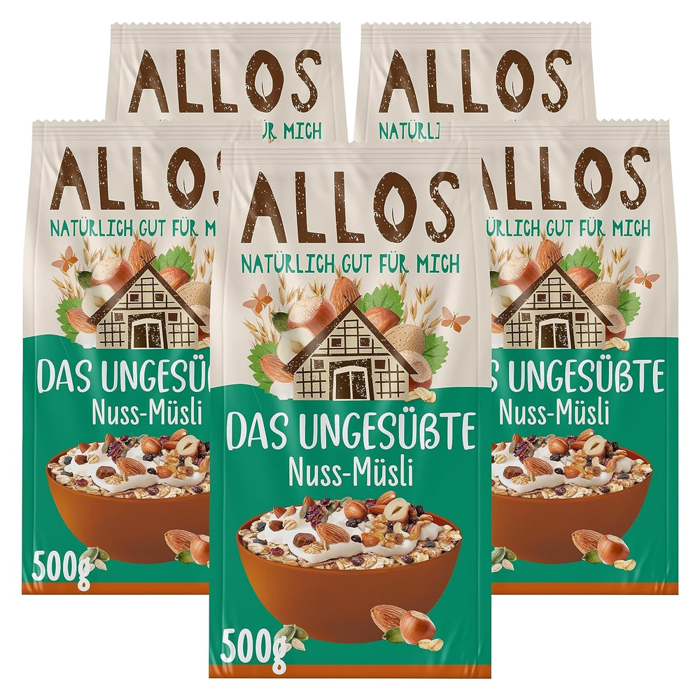 Allos muesli proteico sin azúcar | Muesli orgánico | Avena | Cereales para el desayuno | Vegano (5 x 450 g), 1 pieza (paquete de 5)