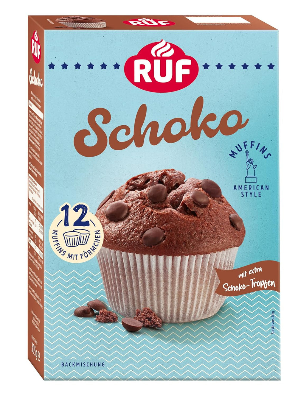 RUF Cheesecake-Muffins Backmischung, American Style Muffins Mit Cremiger Füllung, Einfache Zubereitung, 12 Muffin-Förmchen Inklusive Naty Shop Schoko 305 G (paquete 1)