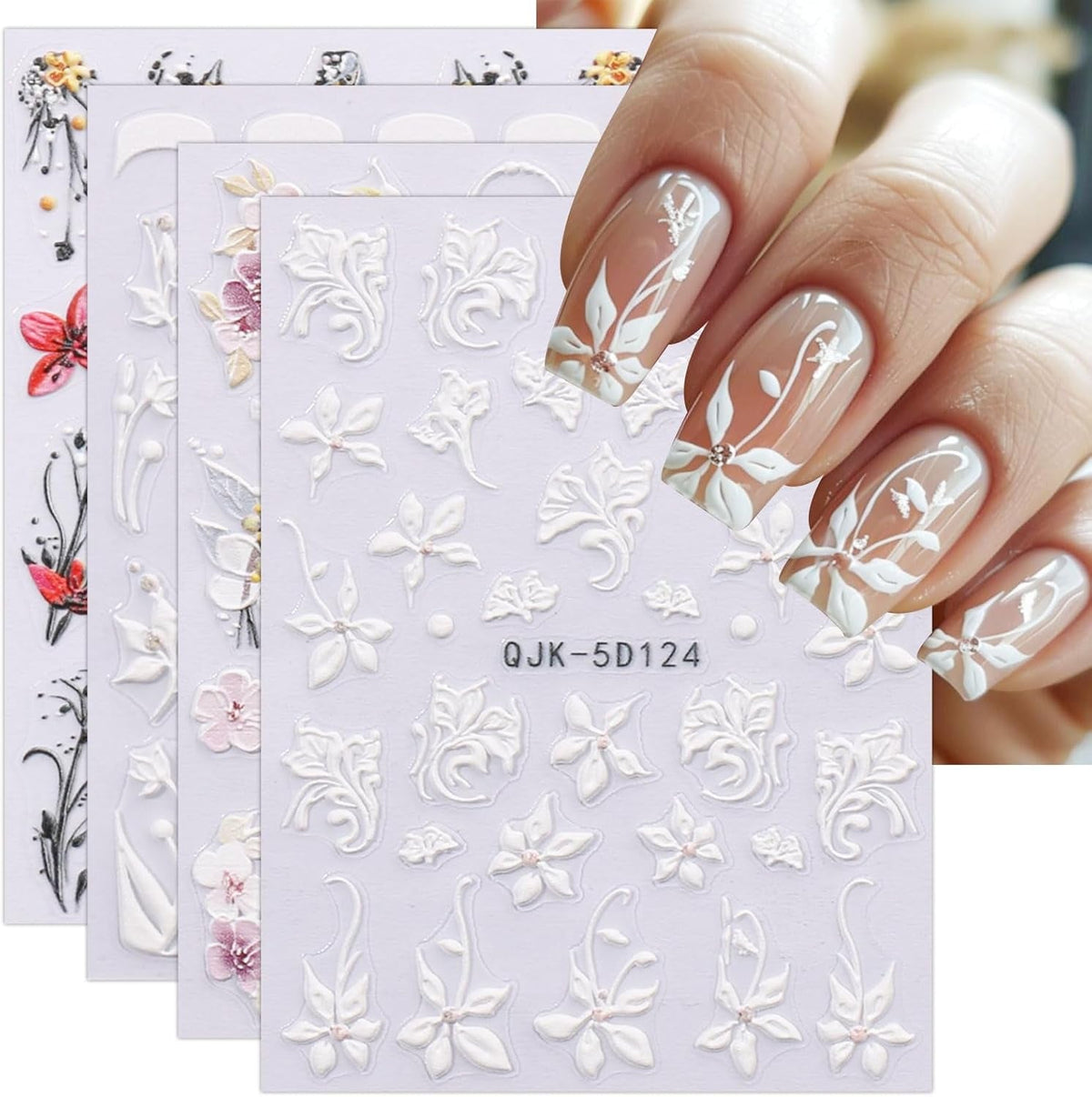 JMEOWIO 3D Nagelsticker Blumen Nail Art Sticker Selbstklebend Nagelaufkleber 5D Stereoskopisch Frühling Sommer Dekoration Nageldesign Zubehör 4 Blatt