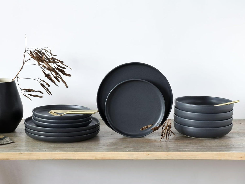 Creatable, 22979, Serie Uno BLACK, 12-Teiliges Geschirrset, Teller Set Aus Steinzeug, Spülmaschinen- Und Mikrowellengeeignet, Made in Portugal Seturi vesela masa Naty Shop