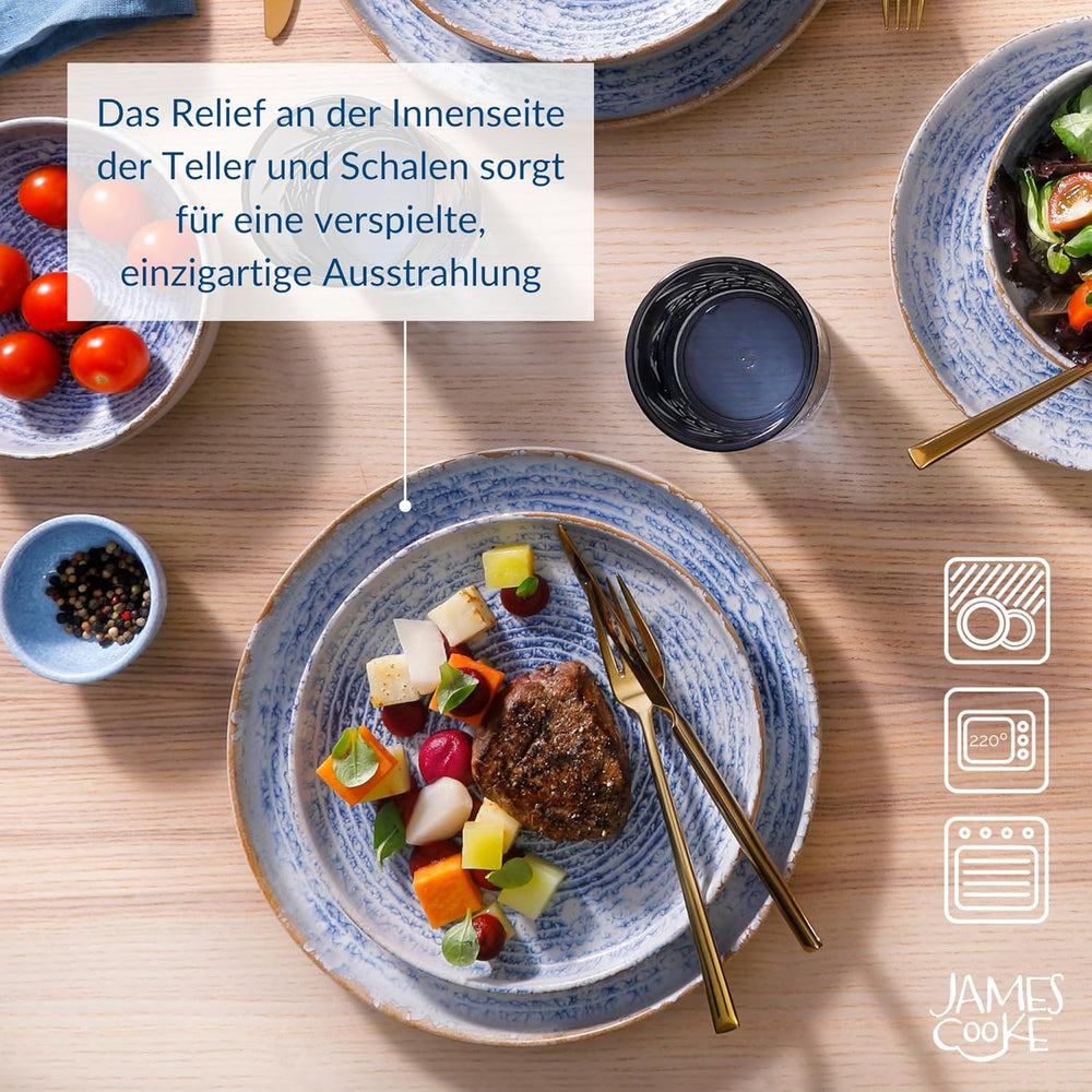 Set de veselă Azure Vintage din gresie pentru 6 persoane - 24 de piese - dungi albe și albastre, suprafață în relief - potrivit pentru mașina de spălat vase, cuptor și cuptor cu microunde