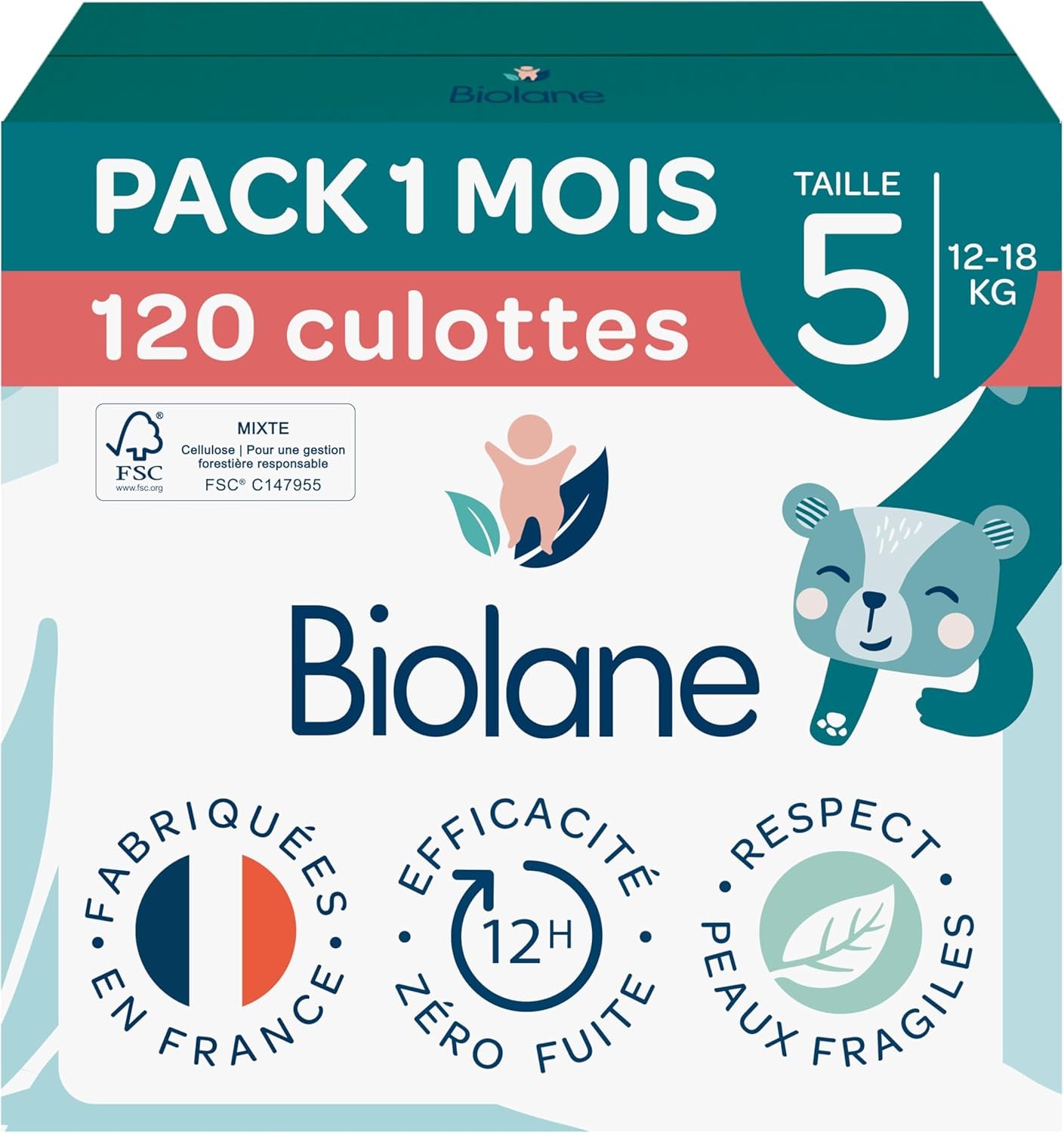 BIOLANE - Pañales cortos - Talla 5 (12-18 kg) - Estanqueidad 12 horas - Pack 1 mes - 120 pañales - ecológicos