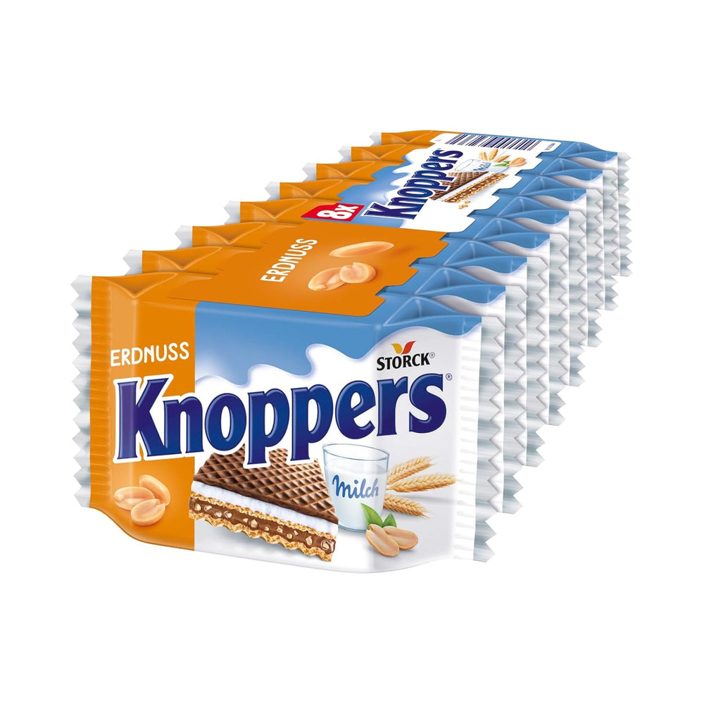 Knoppers blancos y negros – 8 x 25 g – Lonchas de barquillo rellenas de barquillos de cacao oscuro, trozos de galleta negra, leche y crema de turrón