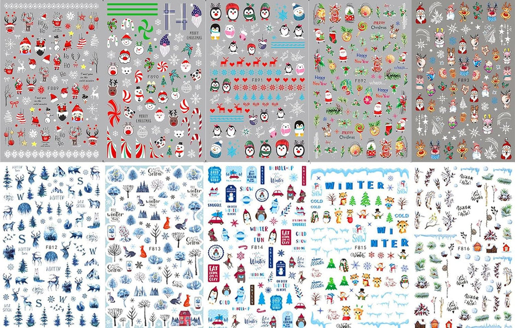 10 Blatt Nagelsticker Weihnachten Nagelaufkleber Selbstklebend Bule White Pine Tree Rentier Nail Art Sticker Dekoration Nageldesign Zubehör