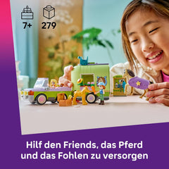 LEGO Friends Pferd und Fohlen mit Pferdeanhänger - Pferde Spielset mit Pflegezubehör, 4 Tierfiguren, Auto & 2 Mini Puppen - Geschenkeidee zum Geburtstag für Mädchen ab 7 Jahren - 42695