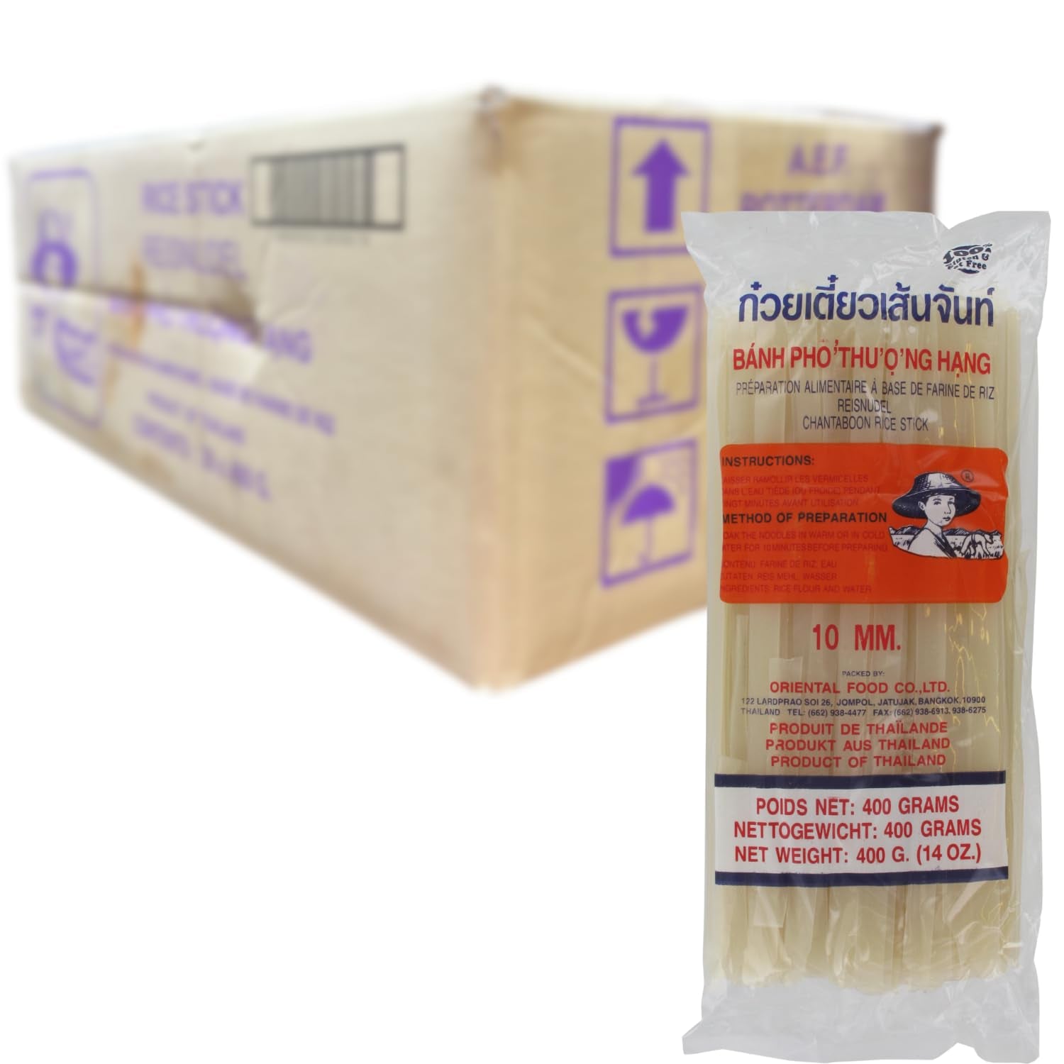 Fideos de arroz - tailandeses, fideos de cinta de arroz de 10 mm de ancho, hechos con harina de arroz, rectos - 1 x 400 g