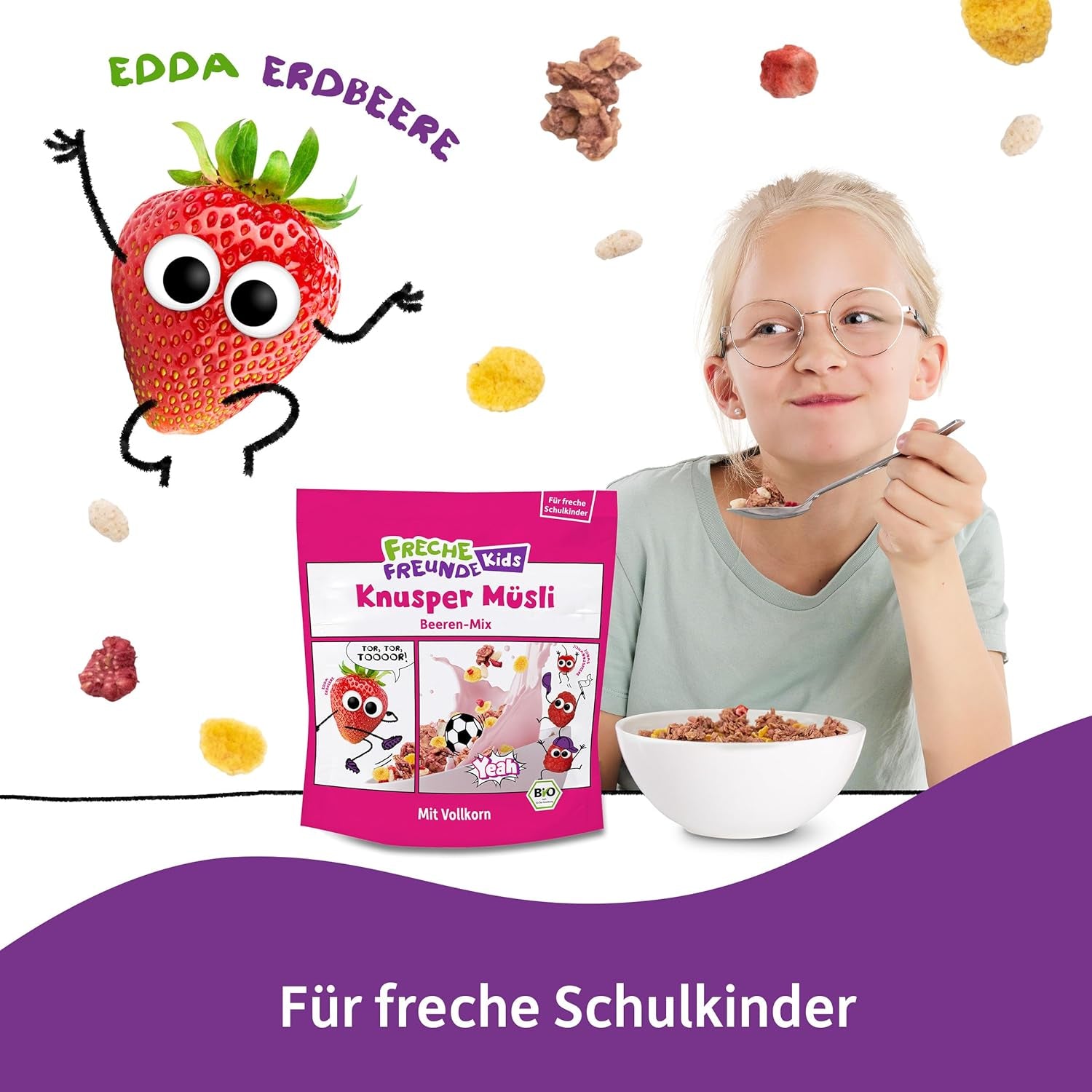 FRECHE FREUNDE Muesli de desayuno orgánico Edda's Berry Crunchy Muesli Mix para escolares con fresas liofilizadas Vegano, paquete de 6 (6 x 280 g)