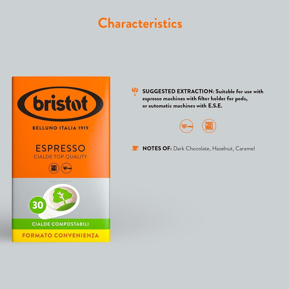 Bristot, 120 Espresso-Kaffeekapseln – eine Mischung aus Arabica-Kaffee aus Brasilien und Zentralamerika, mit Noten von Zartbitterschokolade, Haselnuss und Karamell – 4 Packungen mit je 30 Kapseln