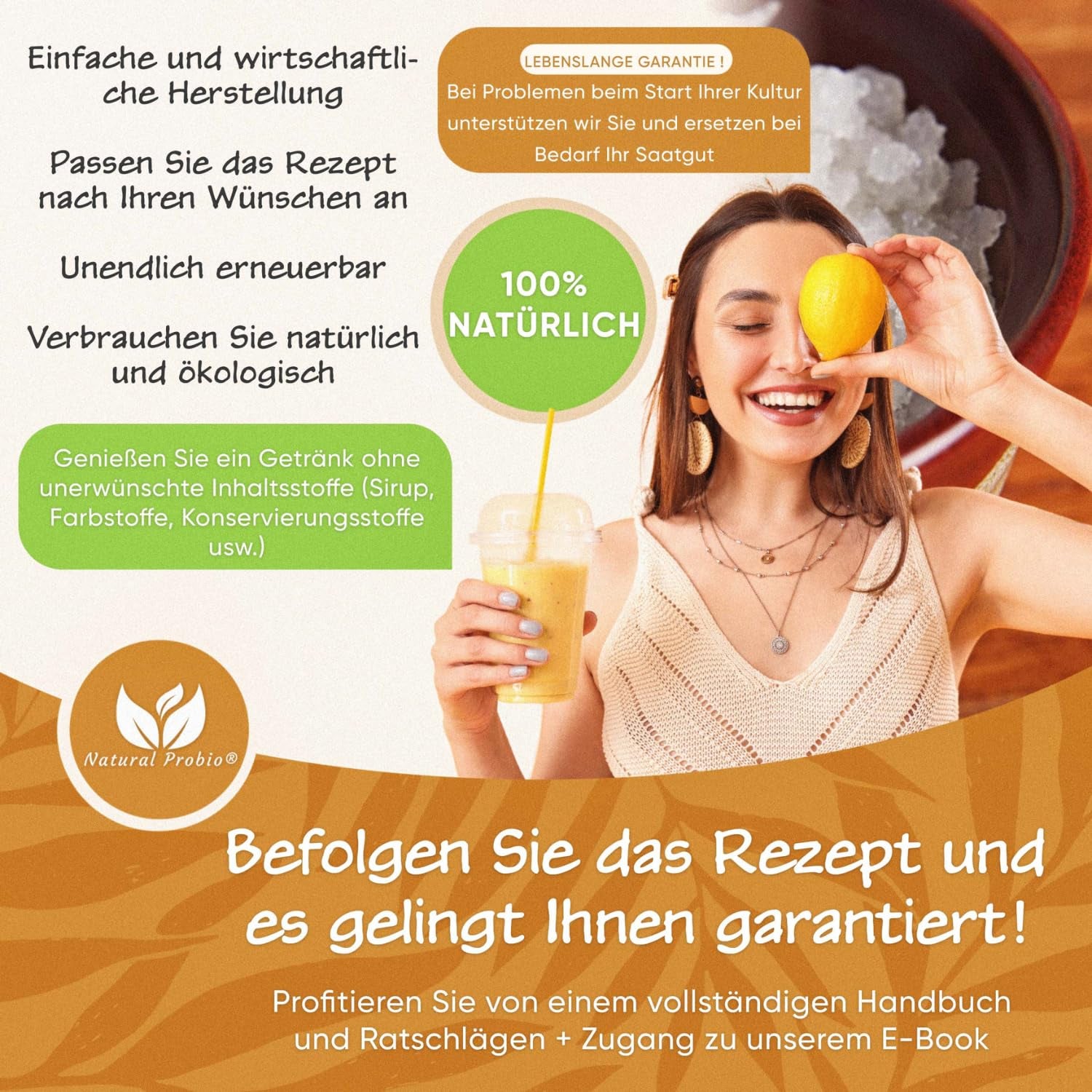 Natural Probio® Wasserkefir, Kefirpilz, Japankristalle, Kefirknollen, Starter Set + Anleitung, Rezept, Tipps, E-Book & Rezeptbibliothek + Kundenservice auf Lebenszeit (10 g deshidratado/60 g rehidratado)