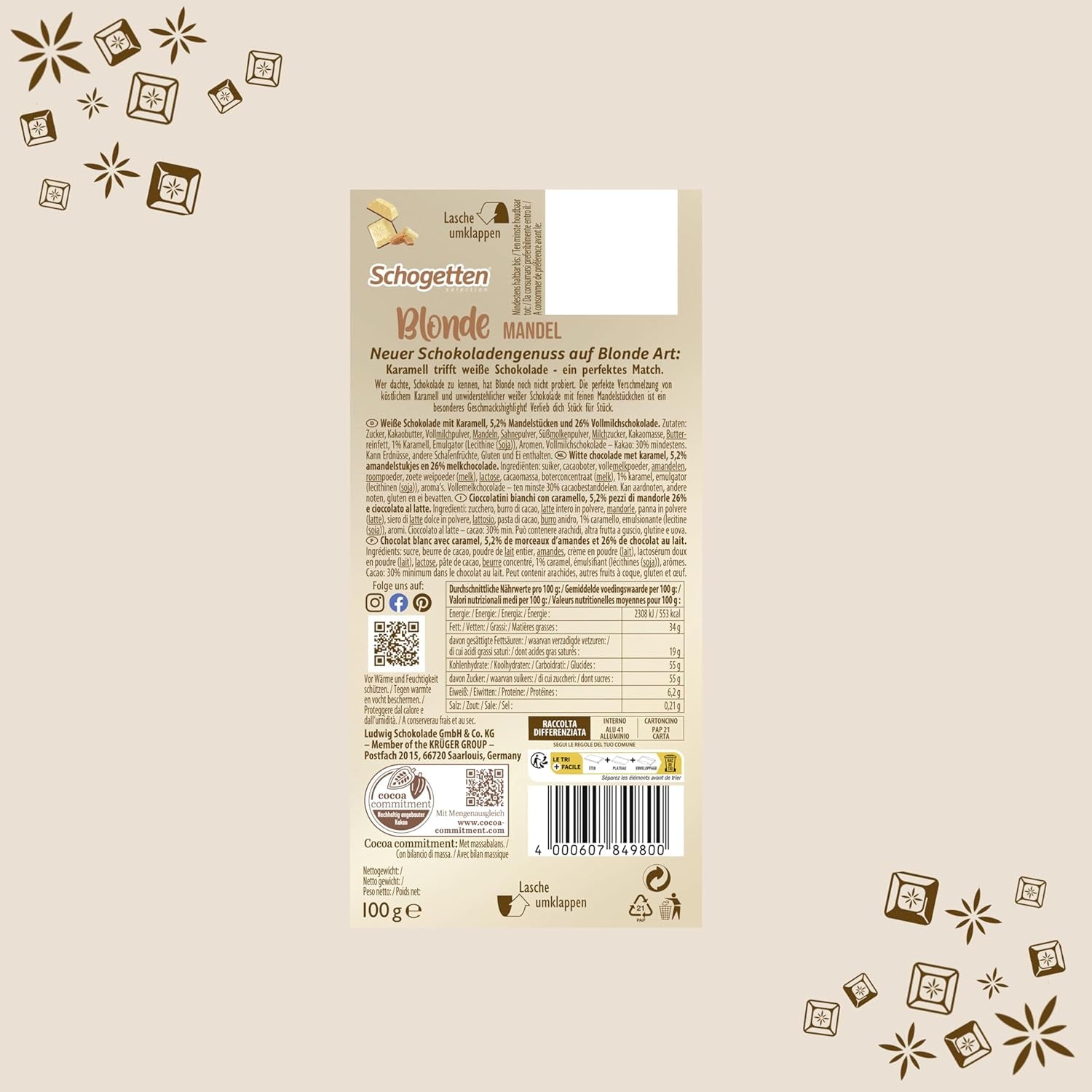 Schogetten Rubio Almendra | Chocolate blanco con trozos de caramelo y almendras | 100 gramos | Convenientemente porcionado (paquete de 2)