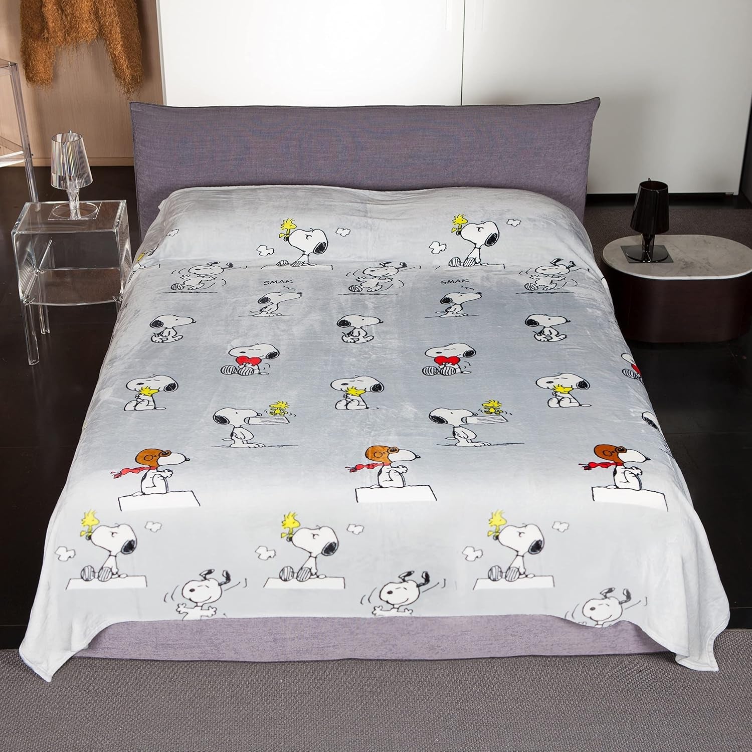 Kanguru Bed, colcha, manta polar para cama de matrimonio, manta de microfibra, Snoopy Peanuts GRIS, 230X230Cm, manta de verano, colcha para dormitorio Camas y Mantas Besuche den Kanguru-Store 230 X 230 cama de matrimonio Snoopy gris