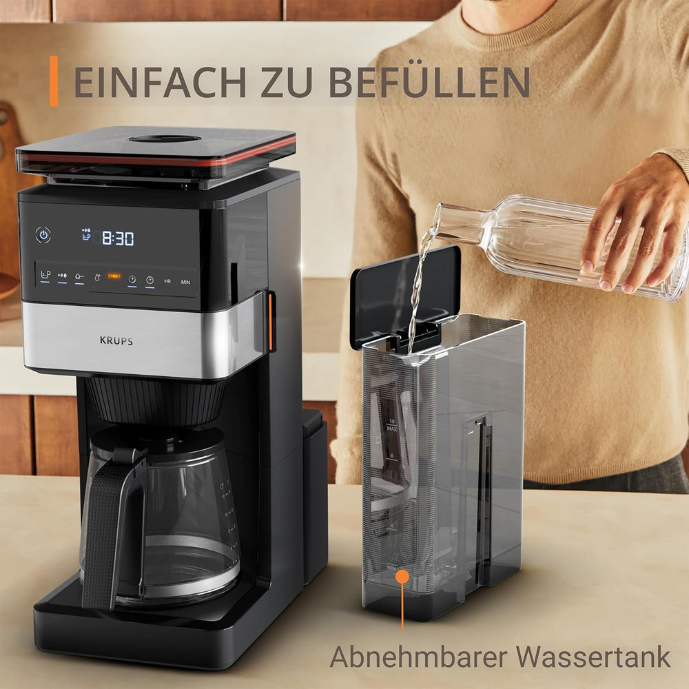 Espressor KRUPS Grind Aroma XL, râșniță conică detașabilă, panou de control digital, capacitate XL (1,5 l), funcție de menținere la cald, carafă din sticlă, negru/oțel inoxidabil, KM842810