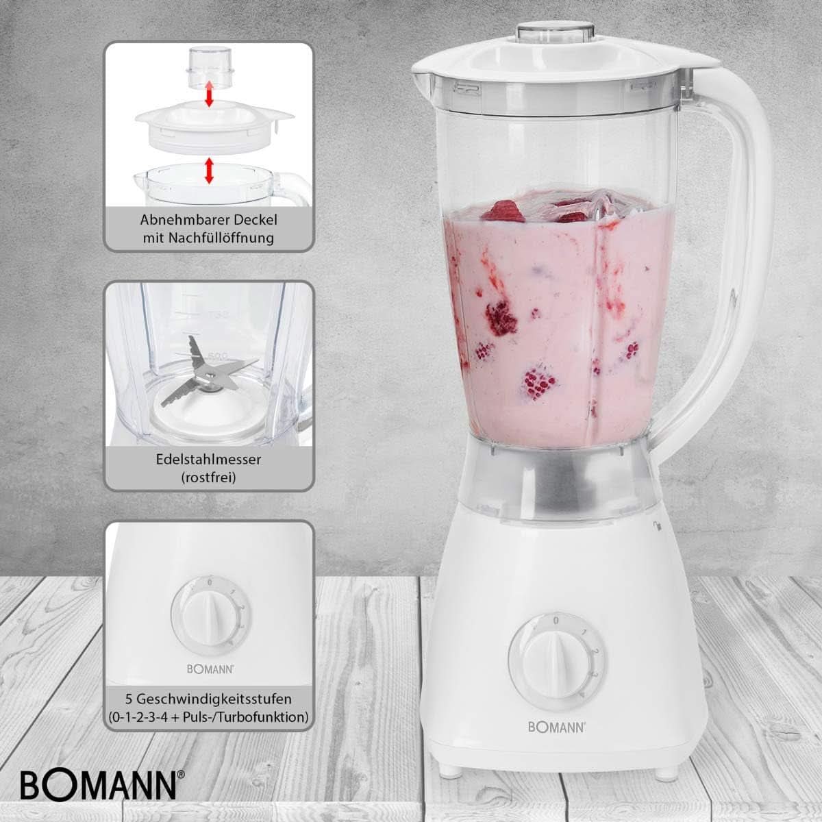 Bomann 378 CB Universalmixer Zum Pürieren, Schlagen, Zerkleinern, Shaken Und Mixen, Ice Crush-Funktion, Kraftvoller 500 Watt-Motor, Abnehmbarer Mixbehälter Mit 1.5 Liter, Edelstahlmesser, Weiß, UM 378 CB Bucatarie Naty Shop