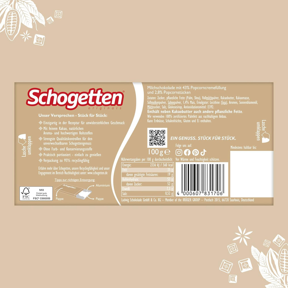 Palomitas Schogetten 1 barra de chocolate x 100g, chocolate con leche con palomitas y trozos de maíz, prácticas piezas individuales. Un manjar. Pieza por pieza.