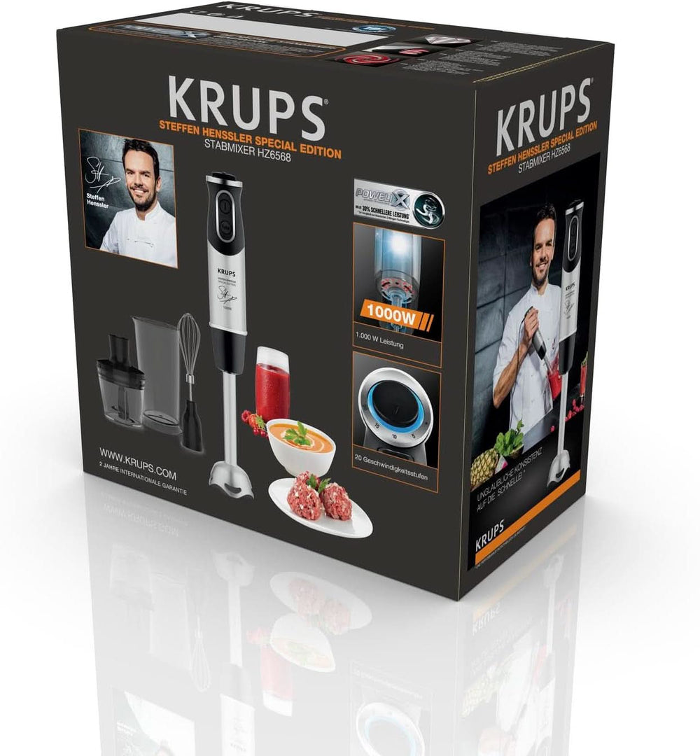 Batidora de pie Krups Perfect Mix HZ6568 | Licuadora | 1000 vatios | Edelstahlfuß | 4 platos adicionales Messer | Tecnología Powelix | Schneebesen | 500 Ml Zerkleiner | Taza Messbecher 800 Ml | Cocina Negro/Plata Naty Shop