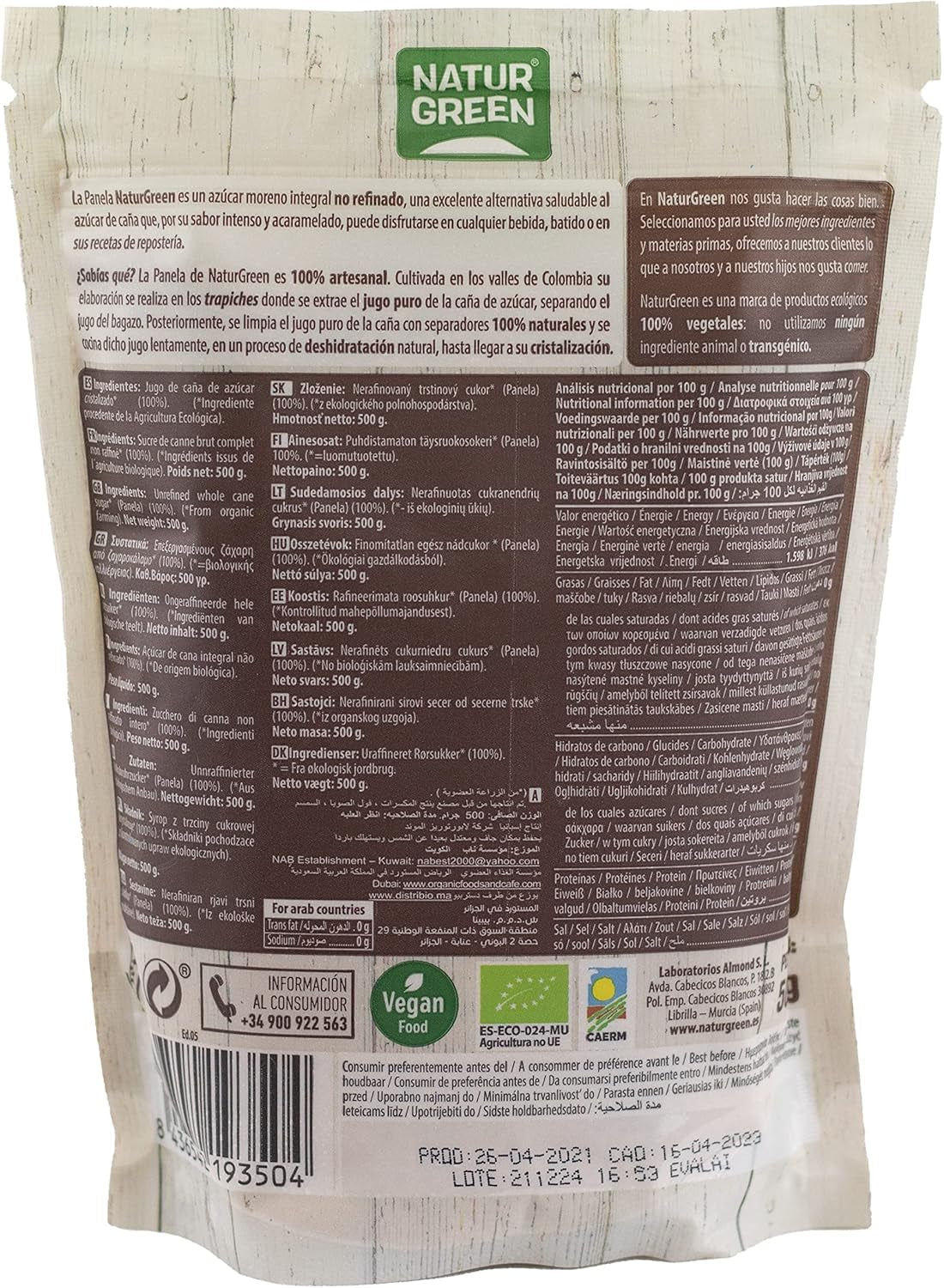 - Panel Cristalizado Orgánico, Azúcar Puro, Edulcorante Ecológico, Jugo de Caña Natural - 500G, Pack de 12 Edulcorantes Naty Shop