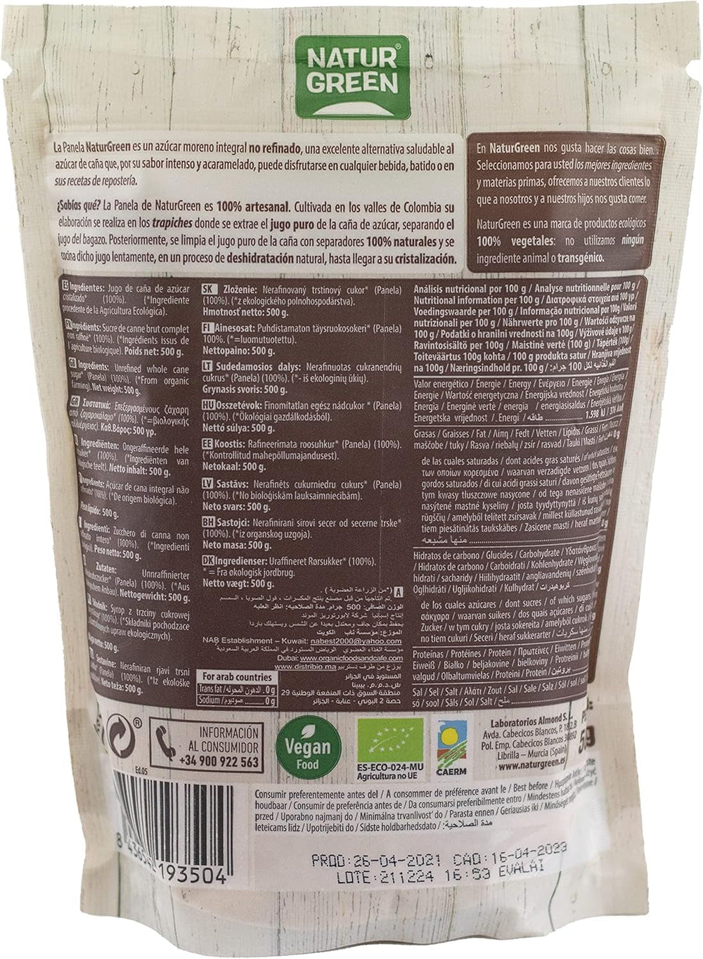 - Panel Cristalizado Orgánico, Azúcar Puro, Edulcorante Ecológico, Jugo de Caña Natural - 500G, Pack de 12 Edulcorantes Naty Shop
