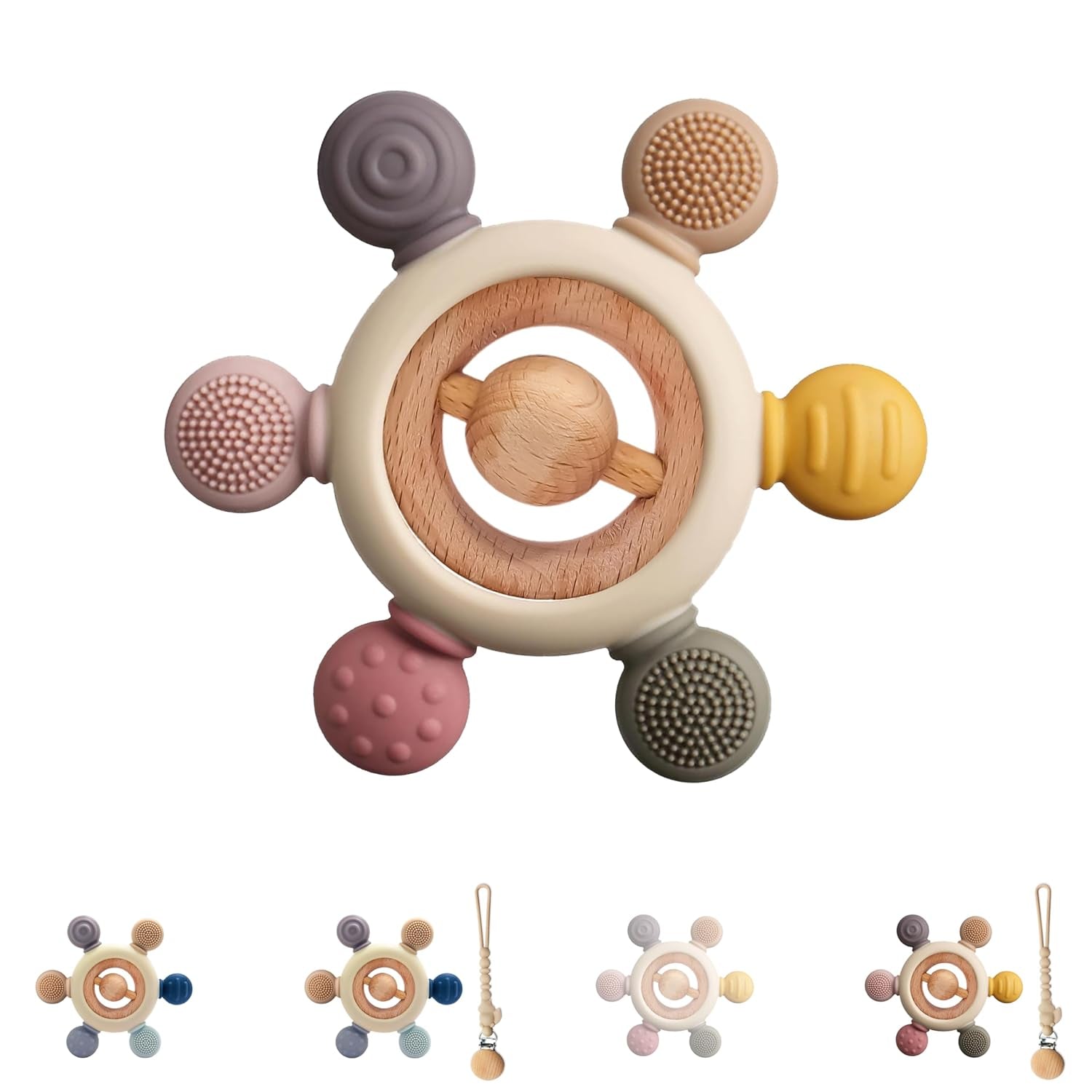 Inel de dentiție pentru bebeluși cu lanț pentru suzetă - ajutor pentru dentiție - jucărie pentru bebeluși 0-6 luni - articole esențiale pentru nou-născuți - jucărie de dentiție, fără BPA - idei de cadouri pentru sugari