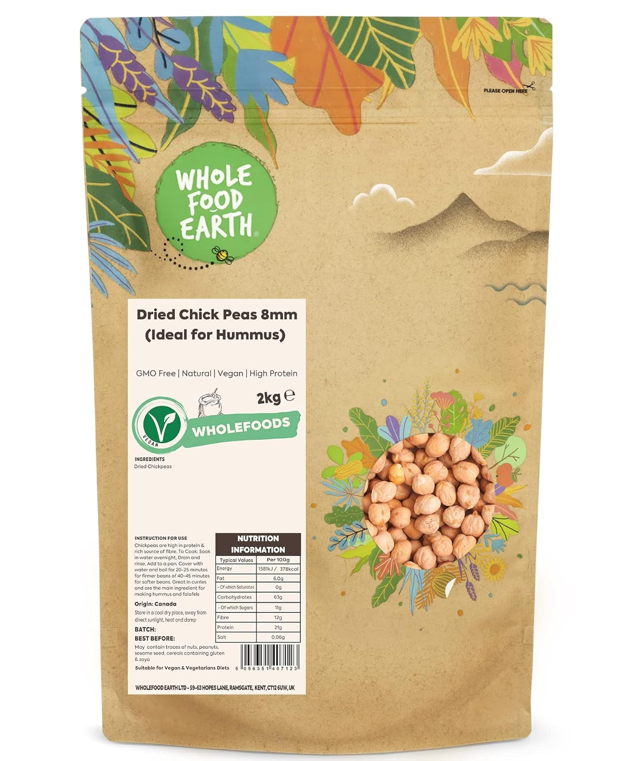 Garbanzos Wholefood Earth, 8mm (ideal para hummus), sin OGM, naturales, veganos, sin lácteos, sin azúcares añadidos, 2kg