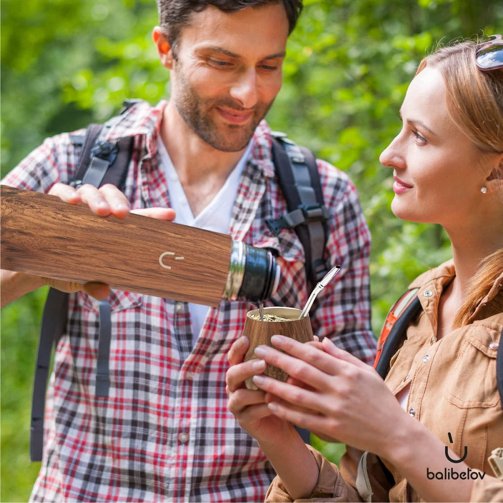 Set complet Balibetov Yerba Mate – Calabash modern, sticlă izolată, bombilla și perie de curățare incluse în livrare – Toate din oțel inoxidabil 304 18/8 de calitate premium (lemn)