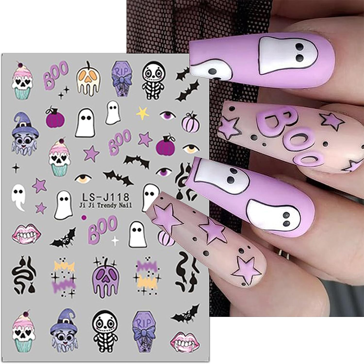 JMEOWIO Nagelsticker Halloween Süßer Geisterkürbis 9 Blatt Nail Art Sticker Selbstklebend Nagelaufkleber Dekoration Nageldesign Zubehör