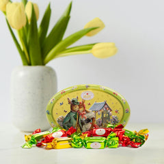 Caja de regalo con tarjeta de Pascua de Heidel, 183 g, praliné de chocolate con leche de primera calidad con caja de metal decorativa, ideal como regalo de Pascua