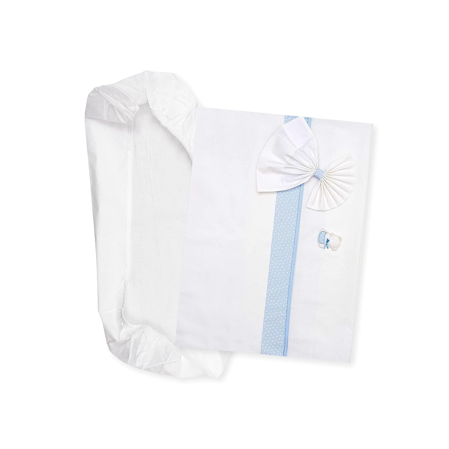 Juego de Ropa de Cama para Capazo Blanco y Rosa, 1 Sábana Bajera, 1 Sábana Encimera con Bordado de Cinta Aida y 1 Funda de Almohada, 100% Algodón, Made in Italy Naty Shop Edredones y Edredones Azul Claro