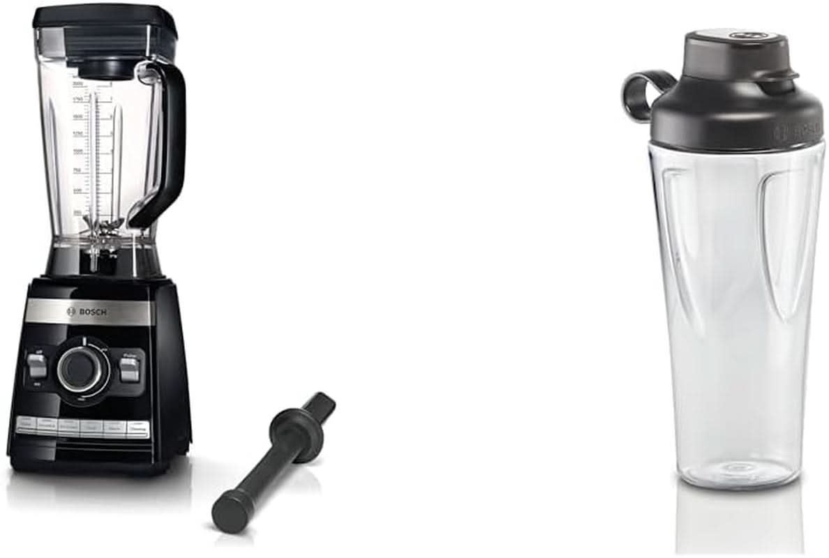 Bosch Batidora de pie Vitaboost MMBH6P6BDE, 6-Klingen-Edelstahlmesser, 2.5L Tritan-Mixbehälter, Stopfer, 6 Automatikprogramme, Rezeptbuch, Bpa-Frei, Einfache Reinigung, 45.000 U/Min, 1600 W, Schwarz Kucatarie Naty Shop Bundle Mit Flasche 6 Automatikprogramme Deutsches Rezeptbuch